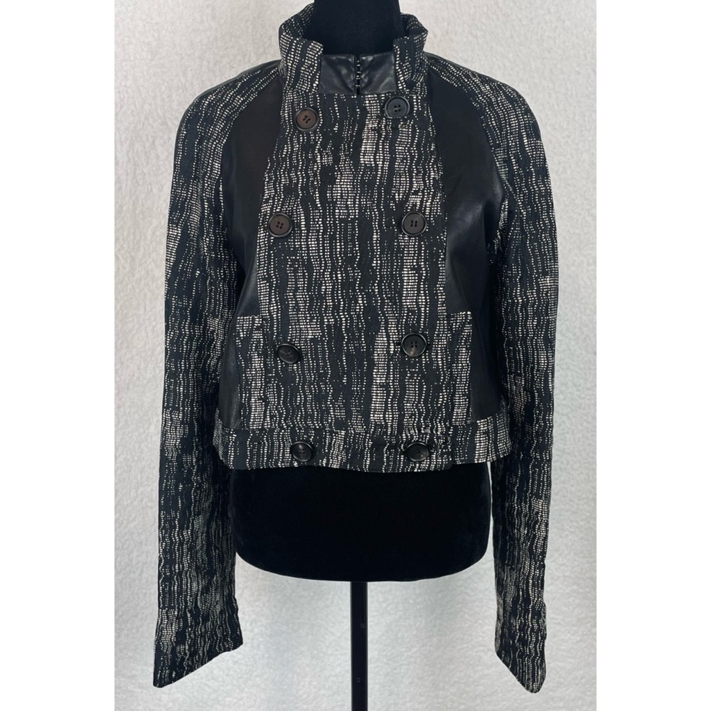 PROENZA SCHOULER • Black/Cream Leather Paneled Crop Double-Breasted Pea Coat, 6